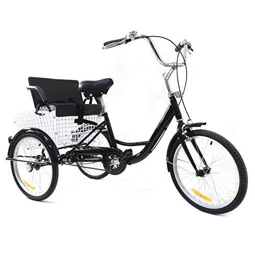 20 Inch Tricycle for Adults Gearless Aluminium Adult Bicycle Shopping with Basket Child Seat Single Speed Wheel Bicycle for Adults Comfort Bicycle Outdoor Sports City Urban Black