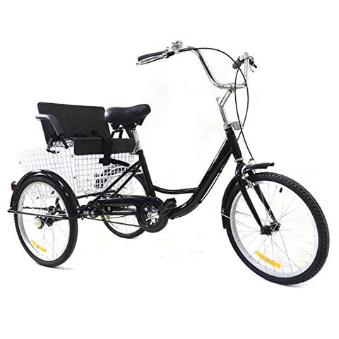 20 Inch Tricycle for Adults Gearless Aluminium Adult Bicycle Shopping with Basket Child Seat Single Speed Wheel Bicycle for Adults Comfort Bicycle Outdoor Sports City Urban Black