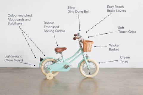 Bobbin Gingersnap 12" Wheel Kids Bike for Girls & Boys Ages 2-4 Years Old, Children Bicycle with Stabilisers, Bike Bell & Wicker Basket (Pale Green)