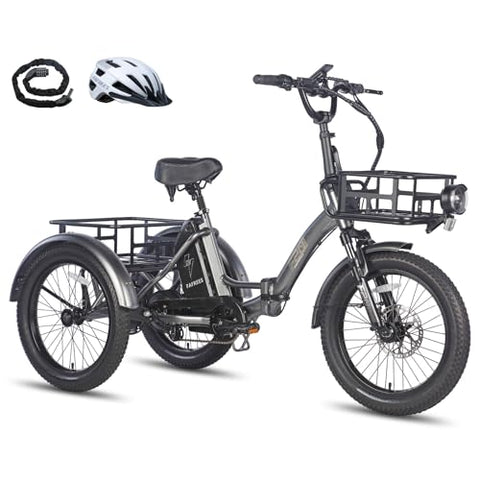 Fafrees F20 Mate E Bike E Trike, 20 * 3.0 Inch Folding Electric Tricycle, 48V/18.2Ah Removable Battery, Rear Rack, Electric Cargo Tricycle for Senior Adult, Range 110KM (with Front Rack, Grey)