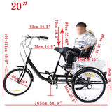 20 Inch Tricycle for Adults Gearless Aluminium Adult Bicycle Shopping with Basket Child Seat Single Speed Wheel Bicycle for Adults Comfort Bicycle Outdoor Sports City Urban Black