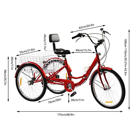 ROMYIX Tricycle for Adults Tricycle 24 Inch Bicycle with Basket 3-Wheel Bicycle for Adults Adults Tricycle 3-Wheel Tricycle