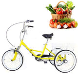 WooDerson 20 Inch Tricycle For Adults, Foldable 3 Wheel Bike Max Load 110Kg, Carbon Steel, Yellow Bicycle 1 Speed, With Basket, Elderly Friendly, For Park Shopping Exercise Etc