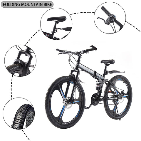 TRIOBLADE 26 Inch Folding Mountain Bike 21-Speed Shimano Foldable Mountain Bicycle with Dual Disc Brakes 3 Spoke Wheels Mountain Bikes,Dual Suspension Design for Adult Men Women (26" - Black& Blue)