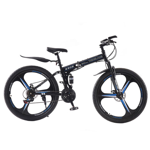 BSTSEL 27.5Inch Adult Folding Mountain Bike,Dual Suspension Mountain Bikes with 27.5 Inches 3-Spoke Wheel, Shimano 21 Speed Mens and Womens Foldable Mountain Bicycle (27.5 Inch Black& Blue)