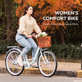 Viribus 24 Inch Vintage Ladies Bike with Basket, Girl's Bike Dutch Style City Bicycle with Carbon Steel Frame Dual V Brakes, Single Speed Women's Comfort Bike w Adjustable Seat and Handlebars, Mint